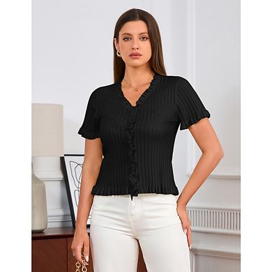 Women's Casual Ruffled Short Sleeve Cardigan Button Down V Neck Pullover Sweater