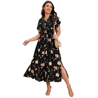 Plus Size Lapel Shirt Dress for Women Short Sleeve Side Slip Dress