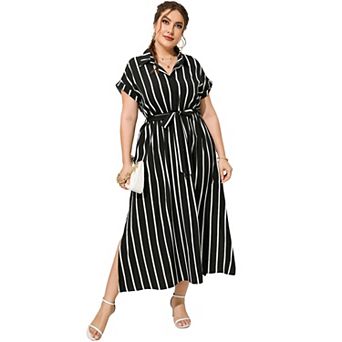 Plus Size Lapel Shirt Dress for Women Short Sleeve Side Slip Dress
