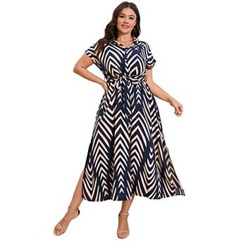 Plus Size Lapel Shirt Dress for Women Short Sleeve Side Slip Dress