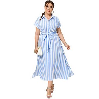 Plus Size Lapel Shirt Dress for Women Short Sleeve Side Slip Dress