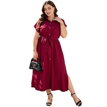 Plus Size Lapel Shirt Dress for Women Short Sleeve Side Slip Dress