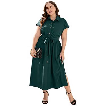 Plus Size Lapel Shirt Dress for Women Short Sleeve Side Slip Dress