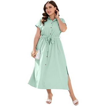 Plus Size Lapel Shirt Dress for Women Short Sleeve Side Slip Dress