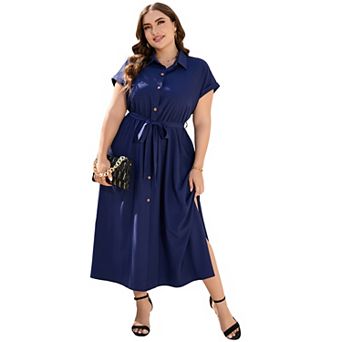 Plus Size Lapel Shirt Dress for Women Short Sleeve Side Slip Dress