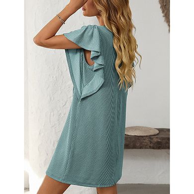 Women Summer Casual Dress Flutter Sleeve Round Neck Striped Mini Dresses