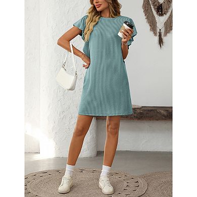 Women Summer Casual Dress Flutter Sleeve Round Neck Striped Mini Dresses