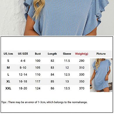 Women Summer Casual Dress Flutter Sleeve Round Neck Striped Mini Dresses