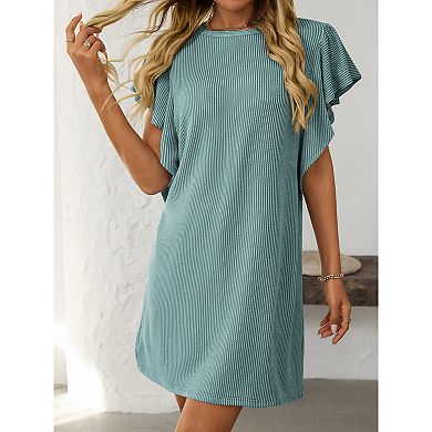 Women Summer Casual Dress Flutter Sleeve Round Neck Striped Mini Dresses