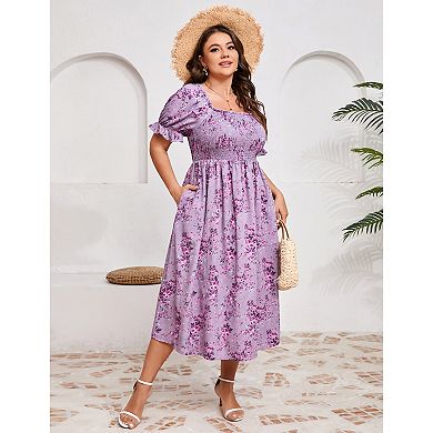 Plus Size Women Square Neck Puff Short Sleeve Floral Dress