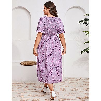 Plus Size Women Square Neck Puff Short Sleeve Floral Dress