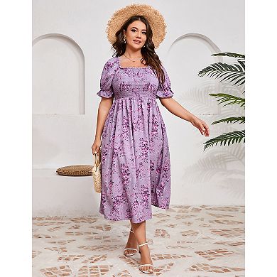 Plus Size Women Square Neck Puff Short Sleeve Floral Dress