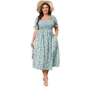 Plus Size Women Square Neck Puff Short Sleeve Floral Dress