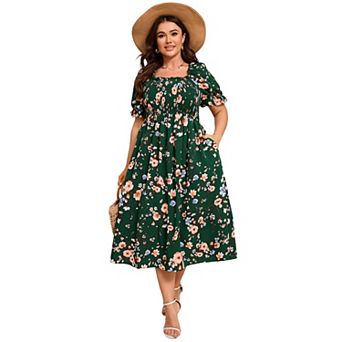 Plus Size Women Square Neck Puff Short Sleeve Floral Dress