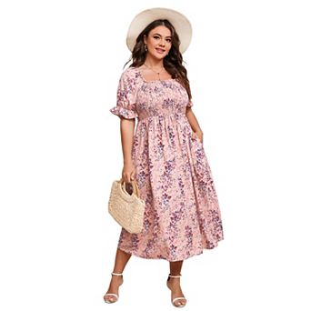 Plus Size Women Square Neck Puff Short Sleeve Floral Dress
