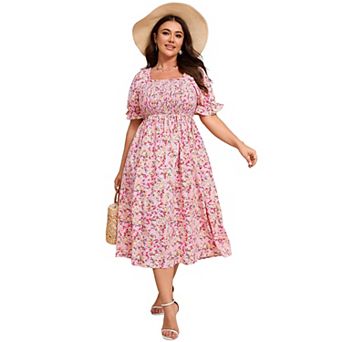 Plus Size Women Square Neck Puff Short Sleeve Floral Dress