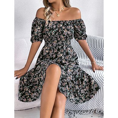 Women Square Neck Puff Short Sleeve A Line Dress