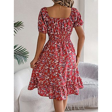 Women Square Neck Puff Short Sleeve A Line Dress