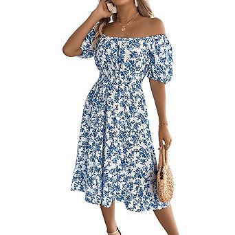 Women Square Neck Puff Short Sleeve A Line Dress