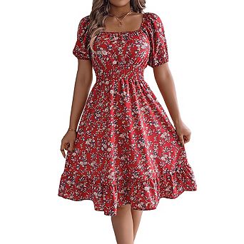 Women Square Neck Puff Short Sleeve A Line Dress