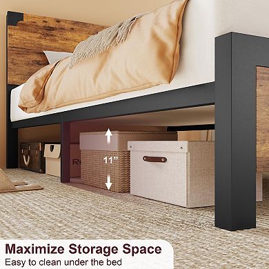 Wood Platform Bed Frame with Headboard, Under-Bed Storage and Metal Legs, No Box Spring Needed