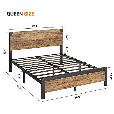 Wood Platform Bed Frame with Headboard, Under-Bed Storage and Metal Legs, No Box Spring Needed