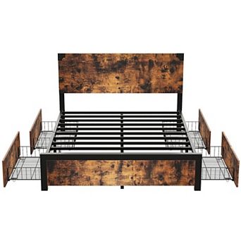 Wood Platform Bed Frame with Headboard, Under-Bed Storage and Metal Legs, No Box Spring Needed
