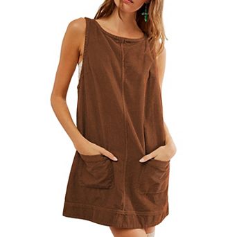 Women Sleeveless Dress Corduroy Overall Dress With Pockets Open Back Mini Dress