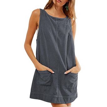 Women Sleeveless Dress Corduroy Overall Dress With Pockets Open Back Mini Dress