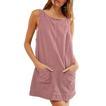 Women Sleeveless Dress Corduroy Overall Dress With Pockets Open Back Mini Dress
