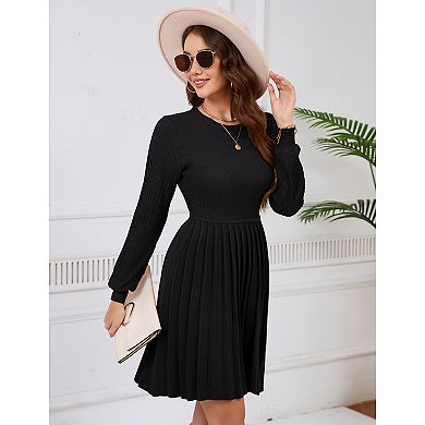 Women's Round Neck A-line Pleated Knitted Long Sleeved Dress