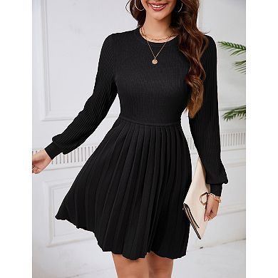 Women's Round Neck A-line Pleated Knitted Long Sleeved Dress