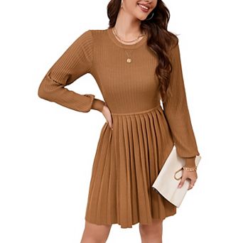 Women's Round Neck A-line Pleated Knitted Long Sleeved Dress