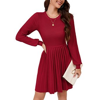 Women's Round Neck A-line Pleated Knitted Long Sleeved Dress