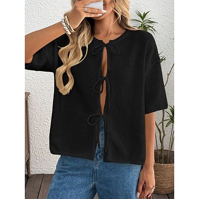 Women's Knotted Cardigan Sweater Knitted Lightweight Short Sleeve Crew Neck Top