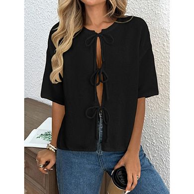 Women's Knotted Cardigan Sweater Knitted Lightweight Short Sleeve Crew Neck Top