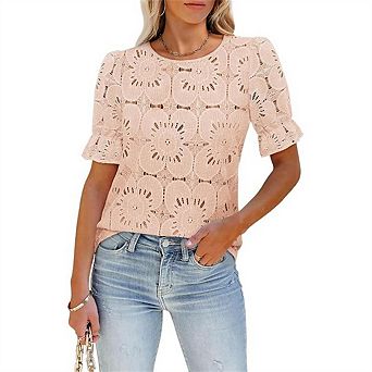 Women's Casual Lace Top Short Sleeve Openwork Puff Sleeve Blouse Floral Crochet T-Shirt