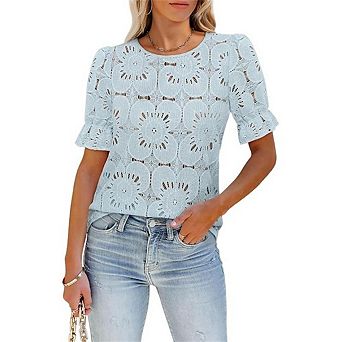 Women's Casual Lace Top Short Sleeve Openwork Puff Sleeve Blouse Floral Crochet T-Shirt