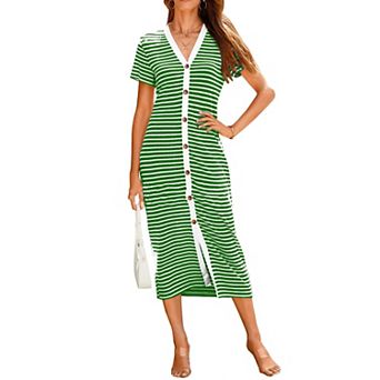Women Casual Summer Midi Dresses Short Sleeve Striped Decorative Button Ribbed Knit Party Dresses