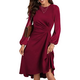 Women's Long Sleeve Ruched Waist Flowy A Line High Low Midi Cocktail Party Dress
