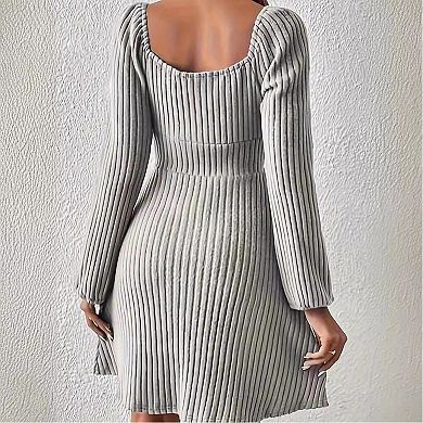 Women's Square Neck Fall Long Sleeve Mini Dress Tie Front Ribbed Knit Sweater Dress