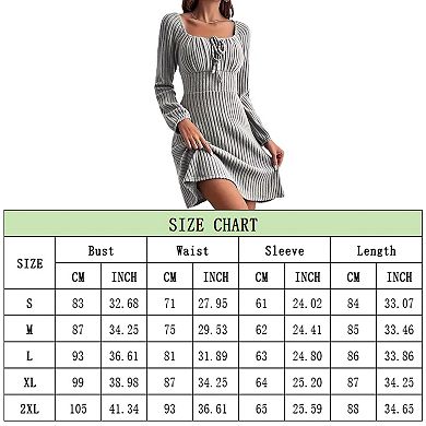Women's Square Neck Fall Long Sleeve Mini Dress Tie Front Ribbed Knit Sweater Dress