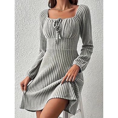 Women's Square Neck Fall Long Sleeve Mini Dress Tie Front Ribbed Knit Sweater Dress