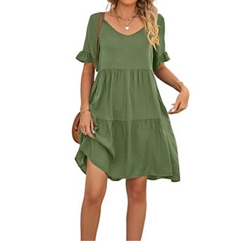 Women Dresses V Neck Ruffle Sleeve A Line Tiered Flowy Casual Trendy Mini Beach Dress with Pockets