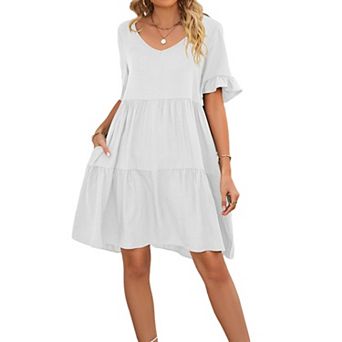 Women Dresses V Neck Ruffle Sleeve A Line Tiered Flowy Casual Trendy Mini Beach Dress with Pockets