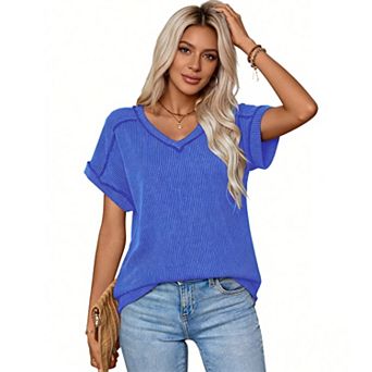 Womens Oversized Summer T Shirts Short Sleeve Tops Basic Casual V Neck T Shirts