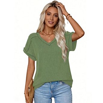 Womens Oversized Summer T Shirts Short Sleeve Tops Basic Casual V Neck T Shirts