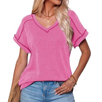Womens Oversized Summer T Shirts Short Sleeve Tops Basic Casual V Neck T Shirts