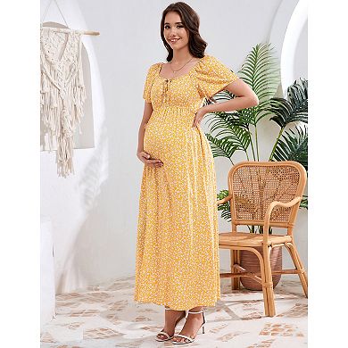 Women Maternity Elegant Square Neck Short Sleeve Floral Dress