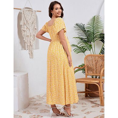 Women Maternity Elegant Square Neck Short Sleeve Floral Dress